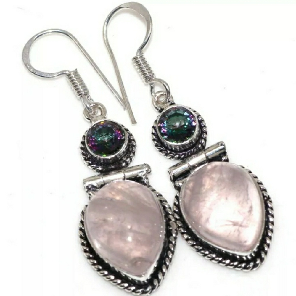 New Rose Quartz & Mystic Topaz 925 Silver Earrings.